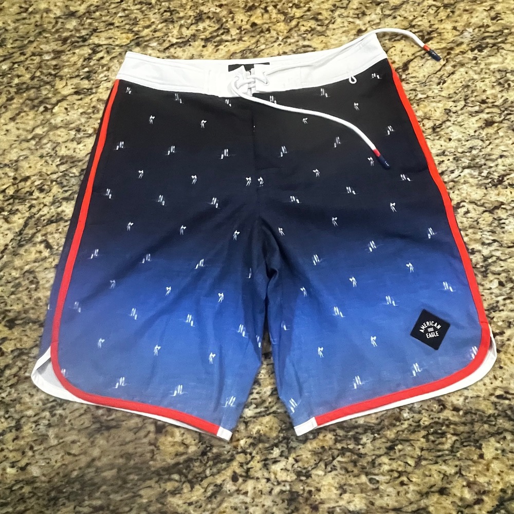 American Eagle Mens Blue Black Ombre Surfer Print Board Shorts Swim Trunks Small